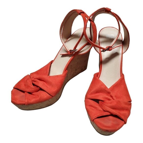 BP Women's Faux Suede Ankle Strap Orange Cork Wedge Heels Open Toe Shoes Sz 10M - Picture 1 of 16